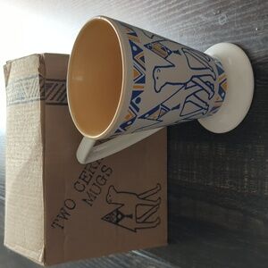 Vintage Design Arabia Yellow & Blue Camel Ceramic Coffee Cup Mugs Set Of 2